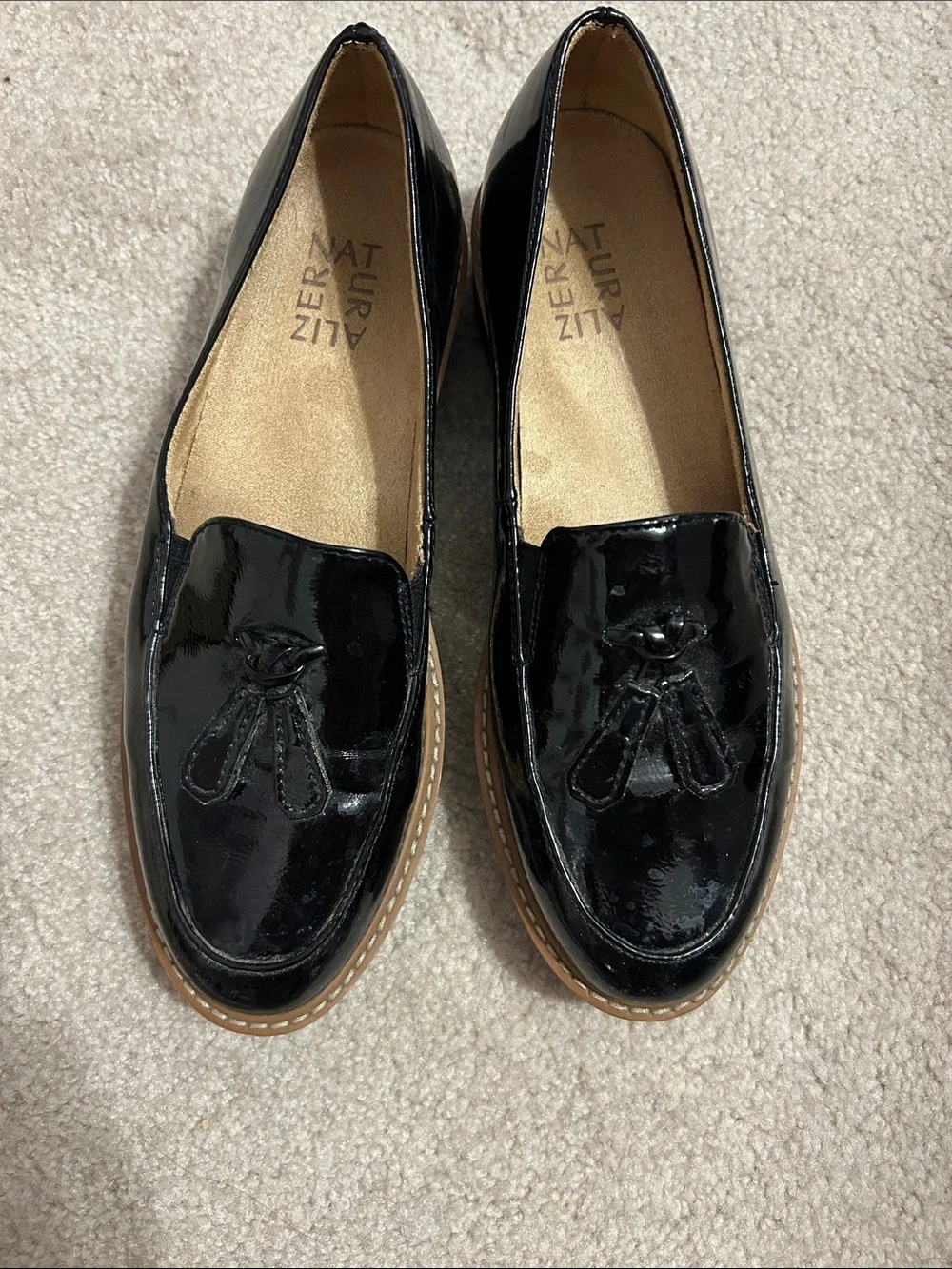 Naturalizer Black Patent Tassel Slip-On Loafers with Tan Trim